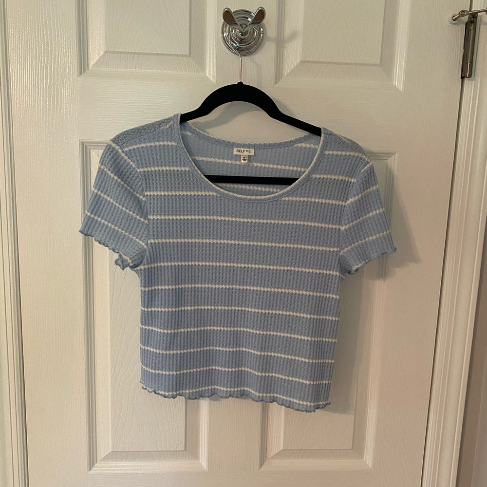 Blue and White Striped Ruffle Crop Top